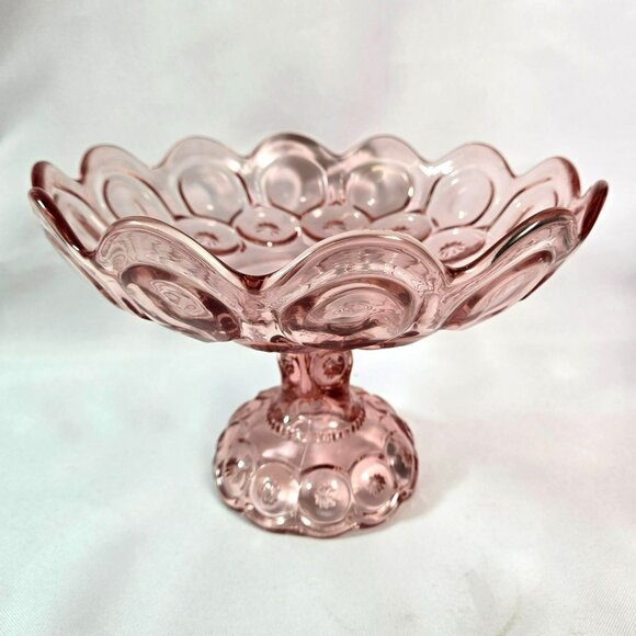 Vtg LE Smith Pink Glass Pedestal Compote Dish Bowl Moon & Stars Scalloped Edge - Picture 1 of 12